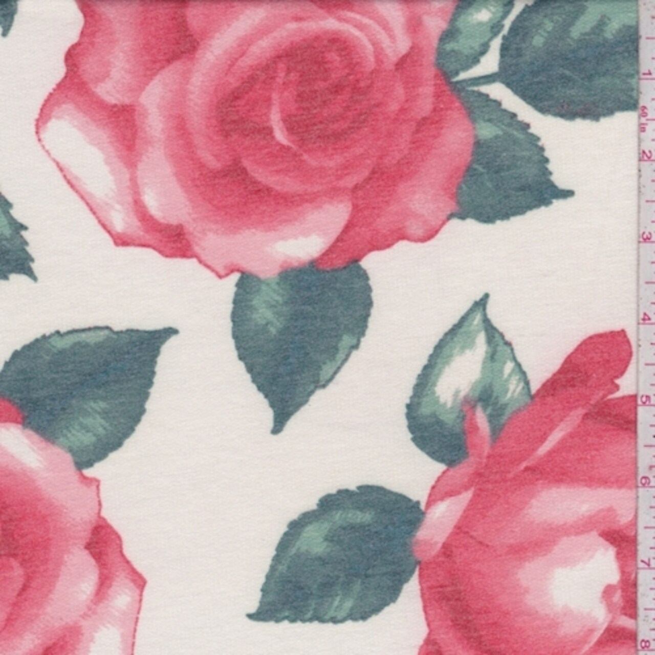 Ivory/Coral Red Rose Baby French Terry Knit Fabric By the Yard